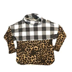 Grey Plaid and Leopard Cowl Neck Sweater